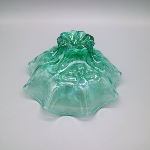 Vintage Green Marbled Swirl Glass Pedestal Bowl with Ruffled Edge, Footed Candy - Picture 6 of 6